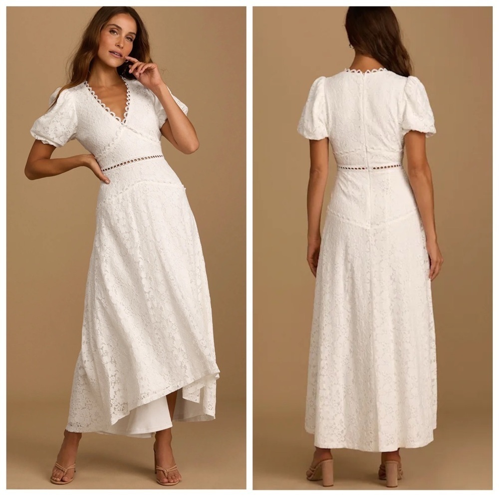 ✅ NWT Lulu’s Always in Mind White Lace Puff Sleeve High Low Midi Dress size L